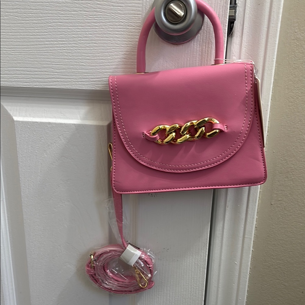 Gold and Pink Structured Shoulder Bag with Top Handle